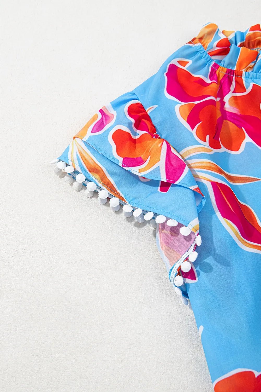 Floral Print Notched Pompom Trim Flutter Sleeve Blouse – Sky Blue for Shopify Collective (6 view)