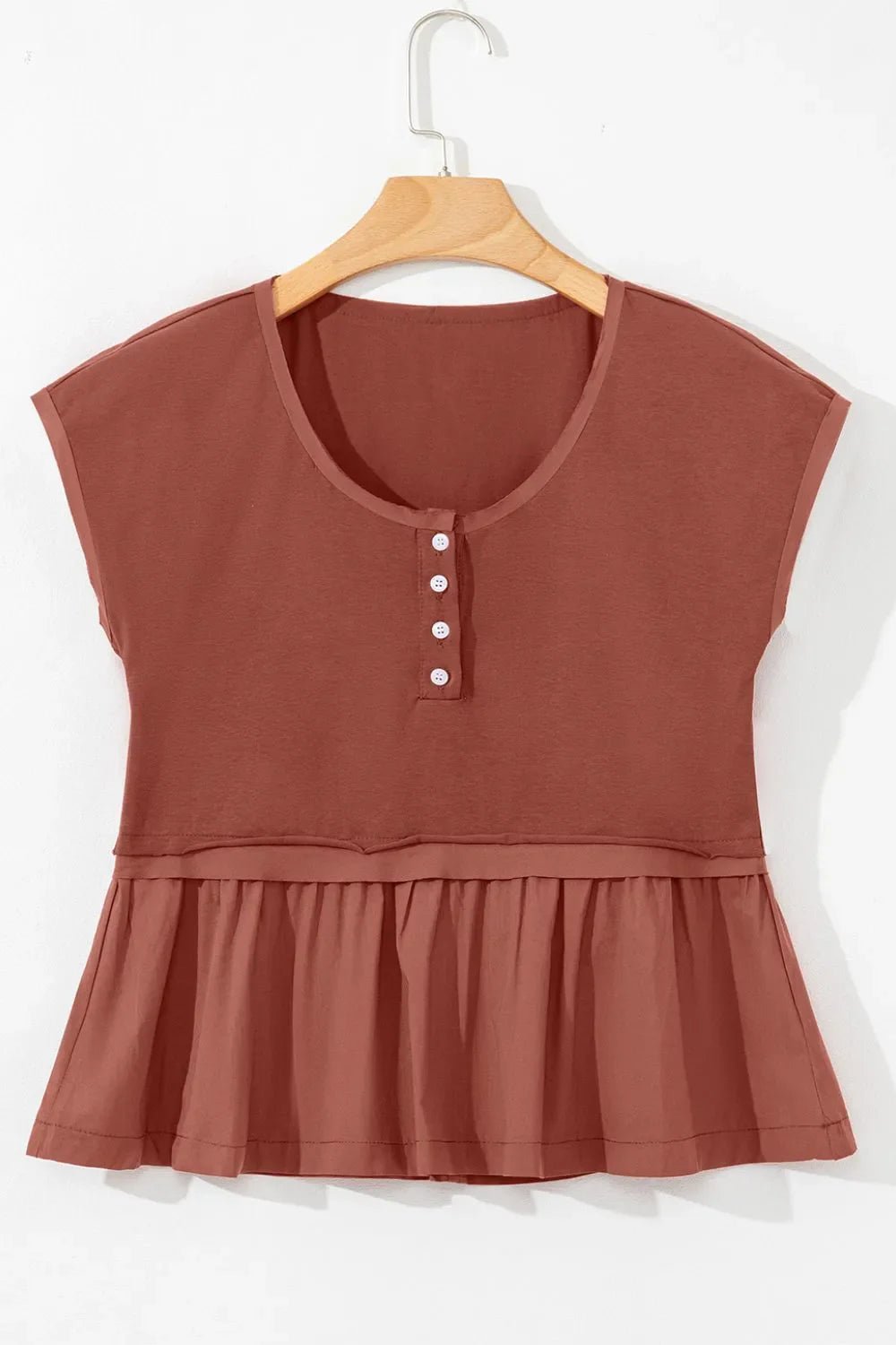 Short Sleeve U Neck Buttons Splicing Ruffle Blouse – Terracotta for Best Sellers (8 view)