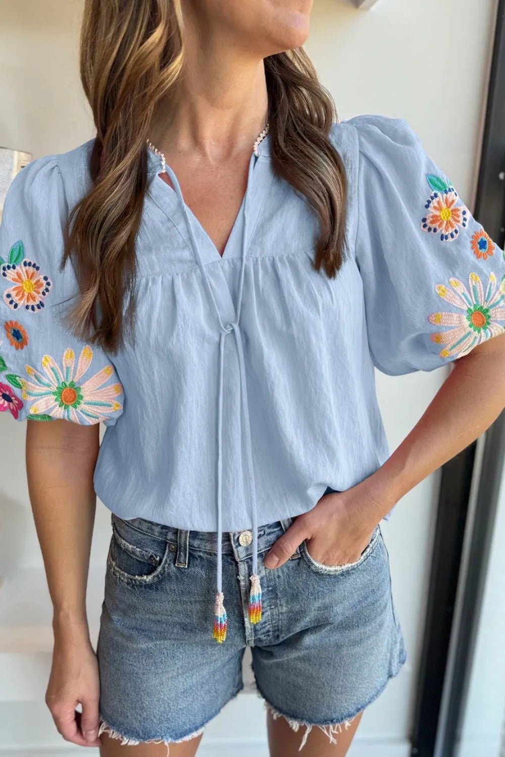 Embroidered Tie Neck Short Sleeve Blouse – Light Blue for Shopify Collective (1 view)
