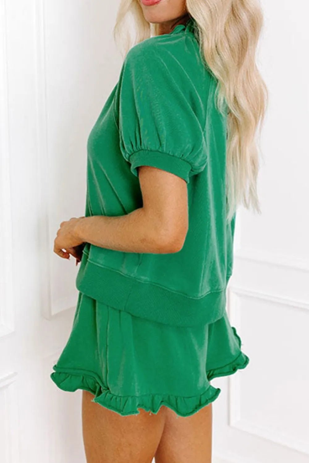 Frill Zip Front Puff Sleeve Top and Skort Set – Green for Shopify Collective (4 view)