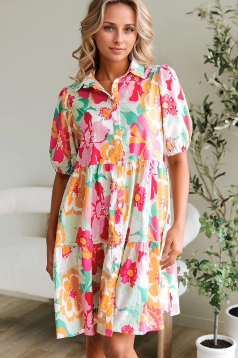 Button Down Floral Puff Sleeve Babydoll Dress – Strawberry for Shopify Collective (1 view)