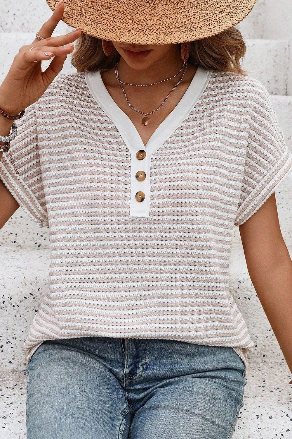 Stripe Buttoned Front V Neck T Shirt – Khaki by Simply Love