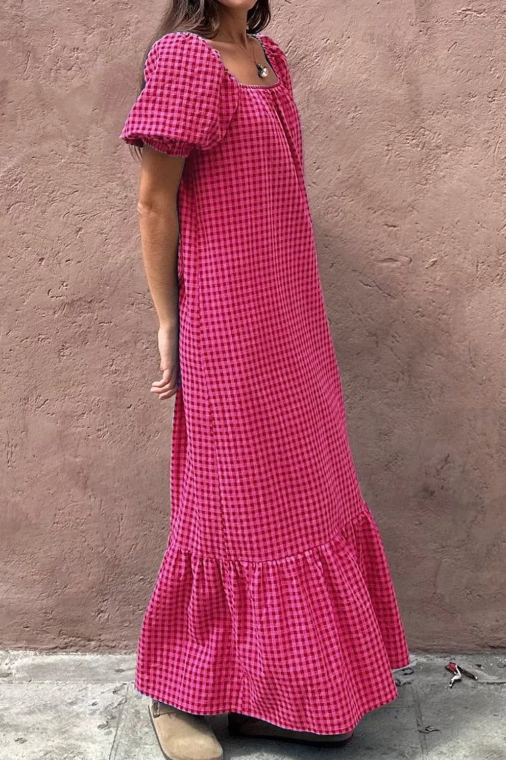 SYNZ Gingham Check Bubble Sleeve Ruffled Maxi Dress – Strawberry for Shopify Collective (4 view)