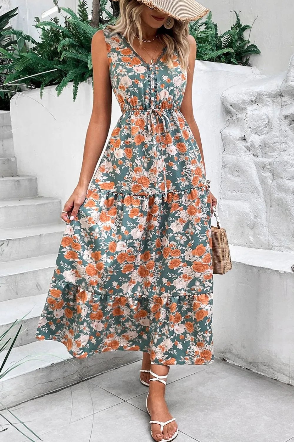 Floral Print Trimmed V Neck Tie Waist Sleeveless Dress – Floral for Shopify Collective (1 view)