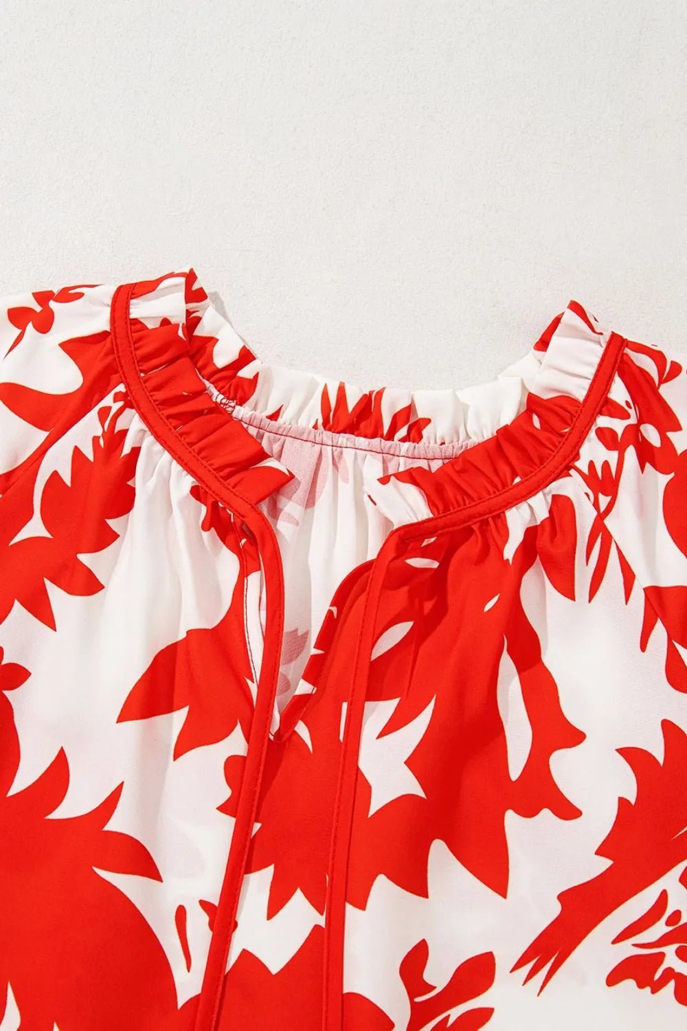 Plant Print Tiered Ruffled Sleeve Tie Neck Blouse – Red for Shopify Collective (9 view)