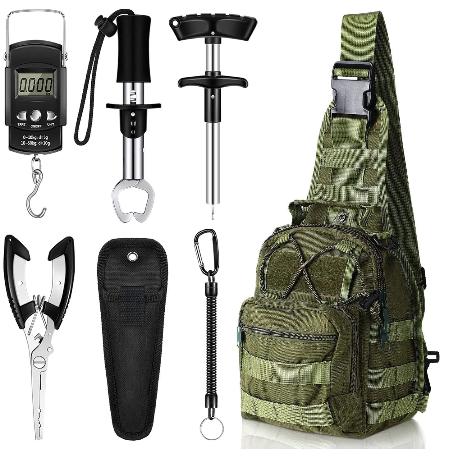 Hungdao 7 Piece Fishing Tool Kit – Backpack, Pliers, Scale, – Army Green Fishing Gear by SbrTnHomes
