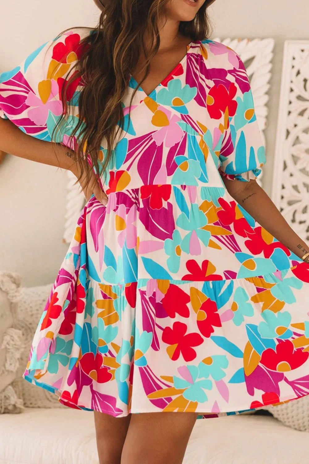 Floral Bubble Sleeve V Neck Tiered Ruffle Babydoll Dress – Floral Dresses for Shopify Collective (4 view)
