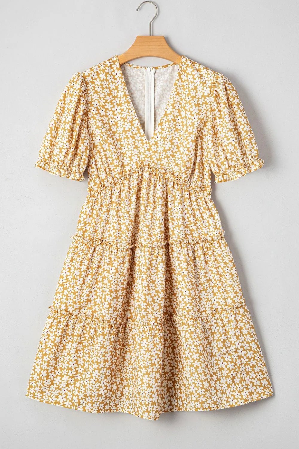 Floral Short Sleeve Surplice Frilly Tiered Mini Dress – Pastel Yellow for Shopify Collective (6 view)