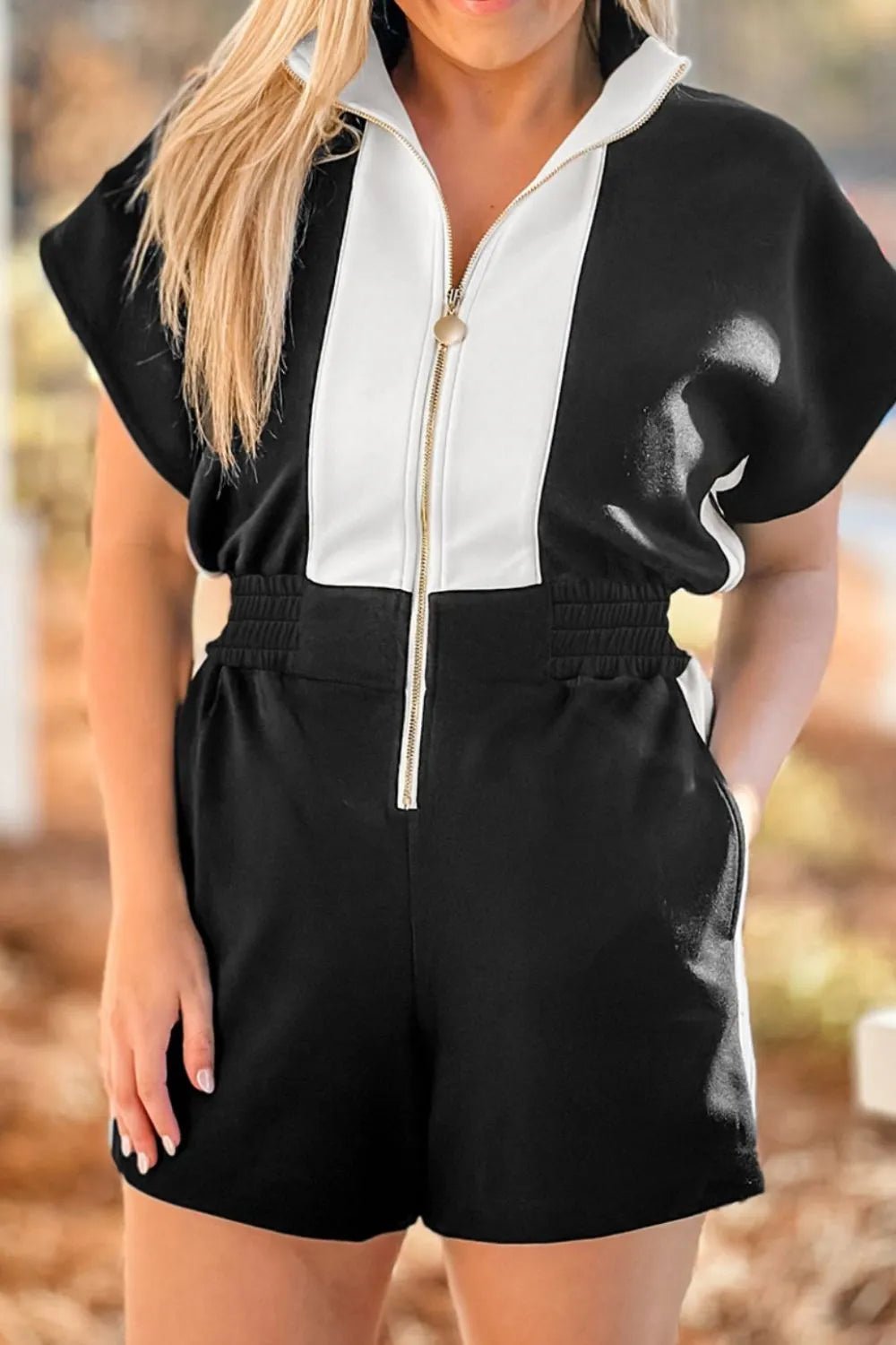 Half Zip Short Sleeve Romper – Black for Shopify Collective (3 view)