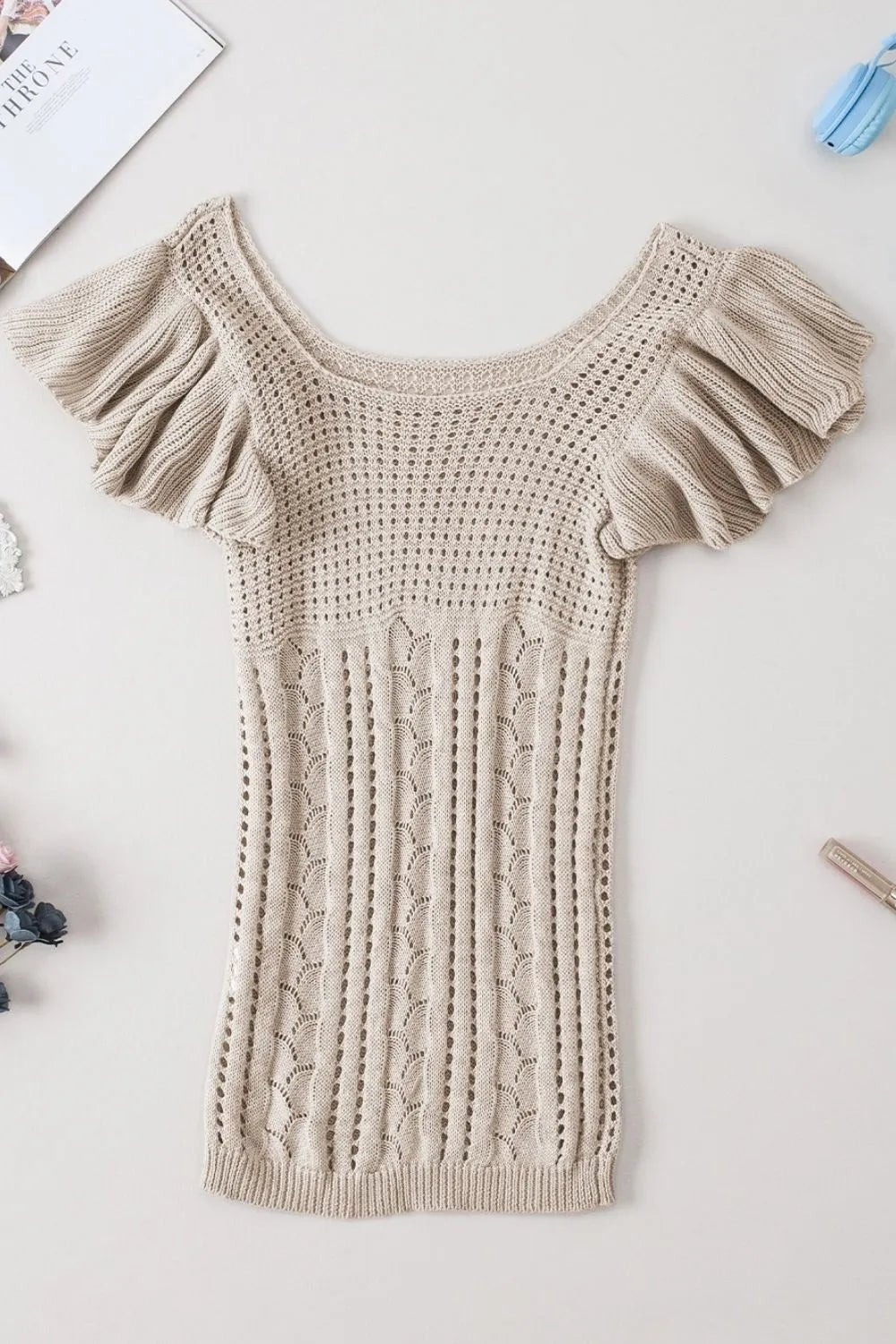 Openwork Ruffled Scoop Neck Knit Top – Khaki for Shopify Collective (9 view)
