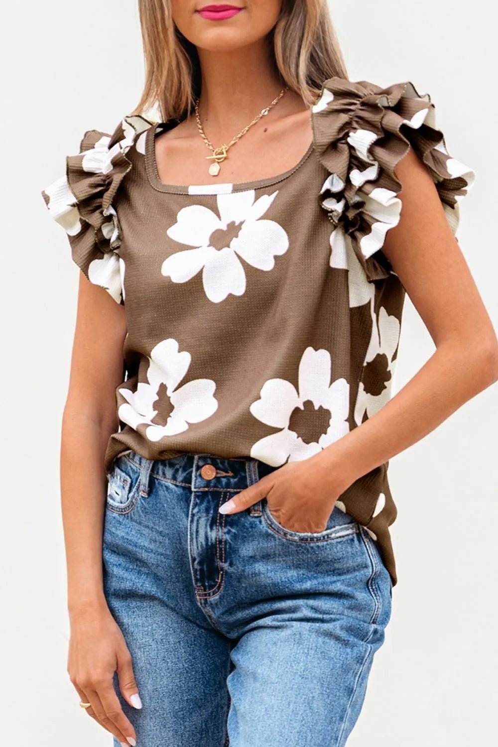 Floral Textured Ruffled Cap Sleeve Blouse – Taupe for Shopify Collective (2 view)