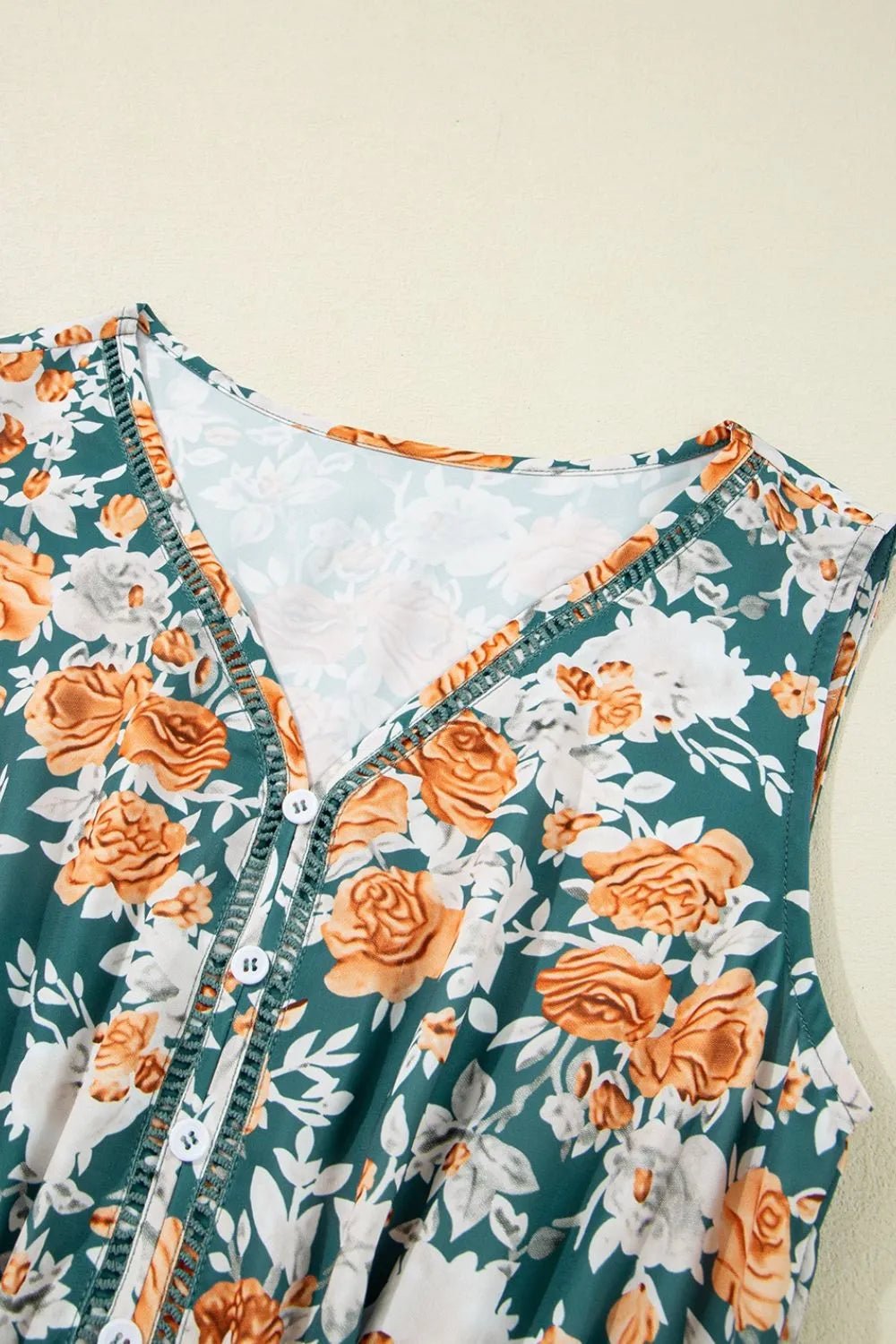 Floral Print Trimmed V Neck Tie Waist Sleeveless Dress – Floral for Shopify Collective (9 view)