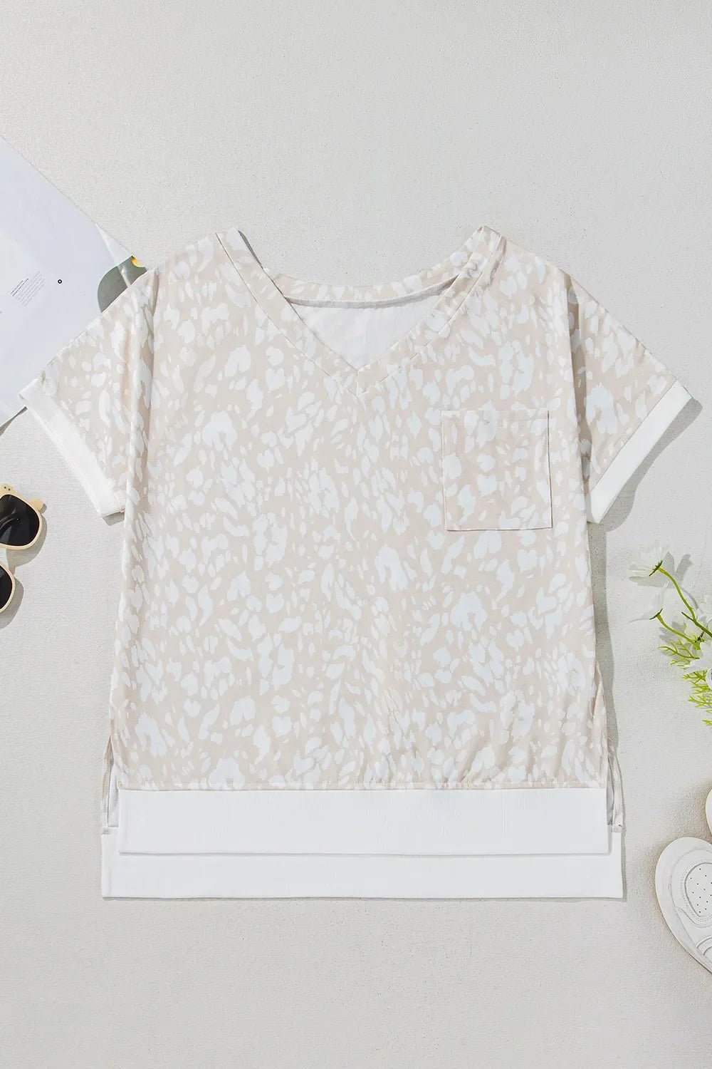 Leopard Print V Neck Side Slit Loose Fit T Shirt – Eggshell for low - stock - alert - sent (5 view)