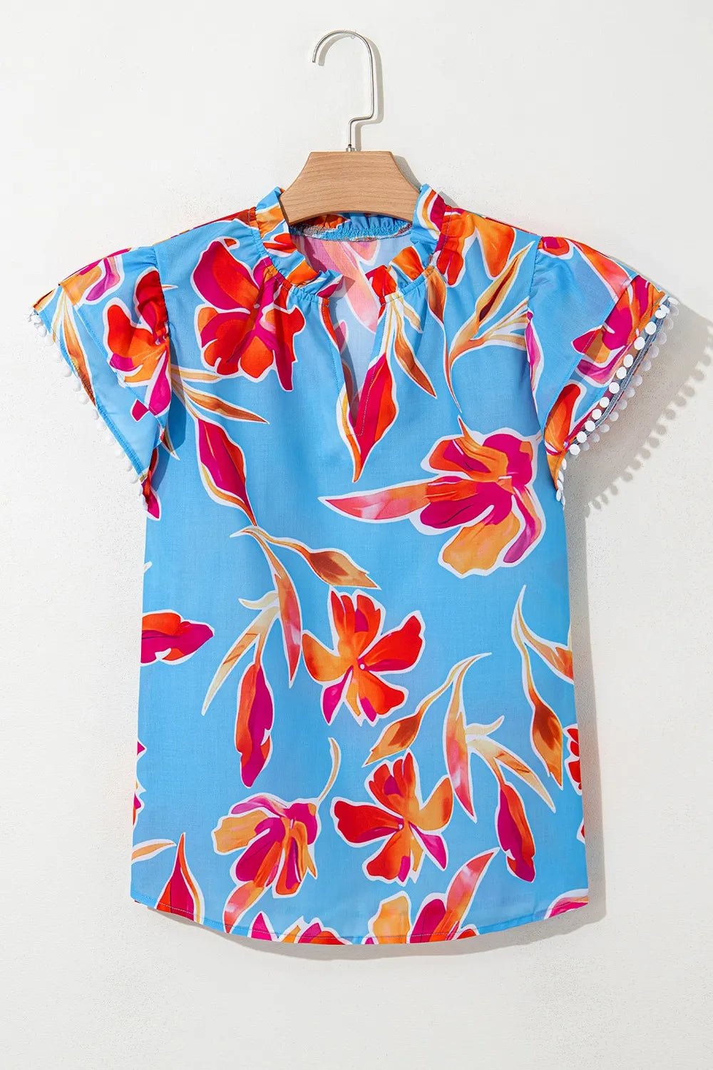 Floral Print Notched Pompom Trim Flutter Sleeve Blouse – Sky Blue for Shopify Collective (3 view)