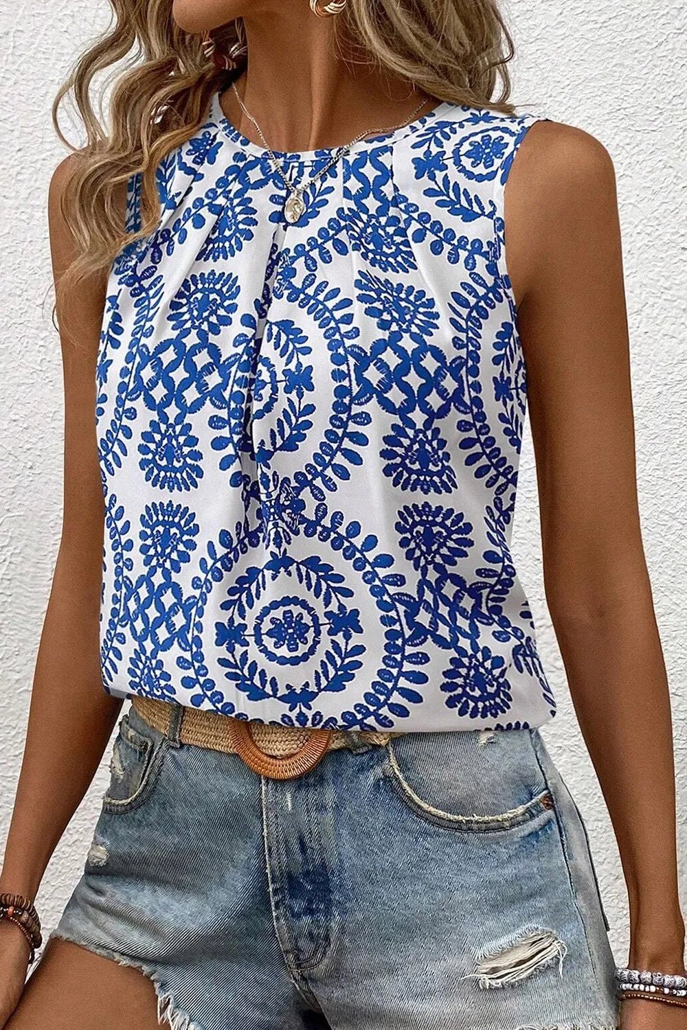 Printed Crew Neck Sleeveless Top – Blue for Shopify Collective (1 view)