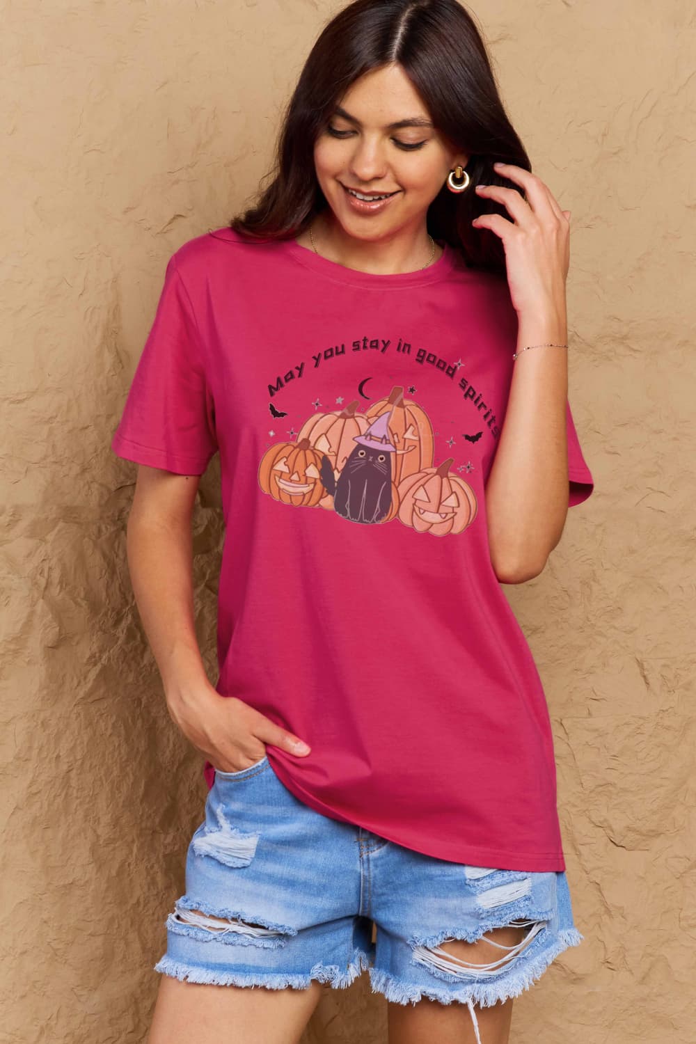 Simply Love Full Size MAY YOU STAY IN GOOD SPIRITS Graphic Cotton T-Shirt – Deep Rose Women's Top for Shopify Collective (16 view)
