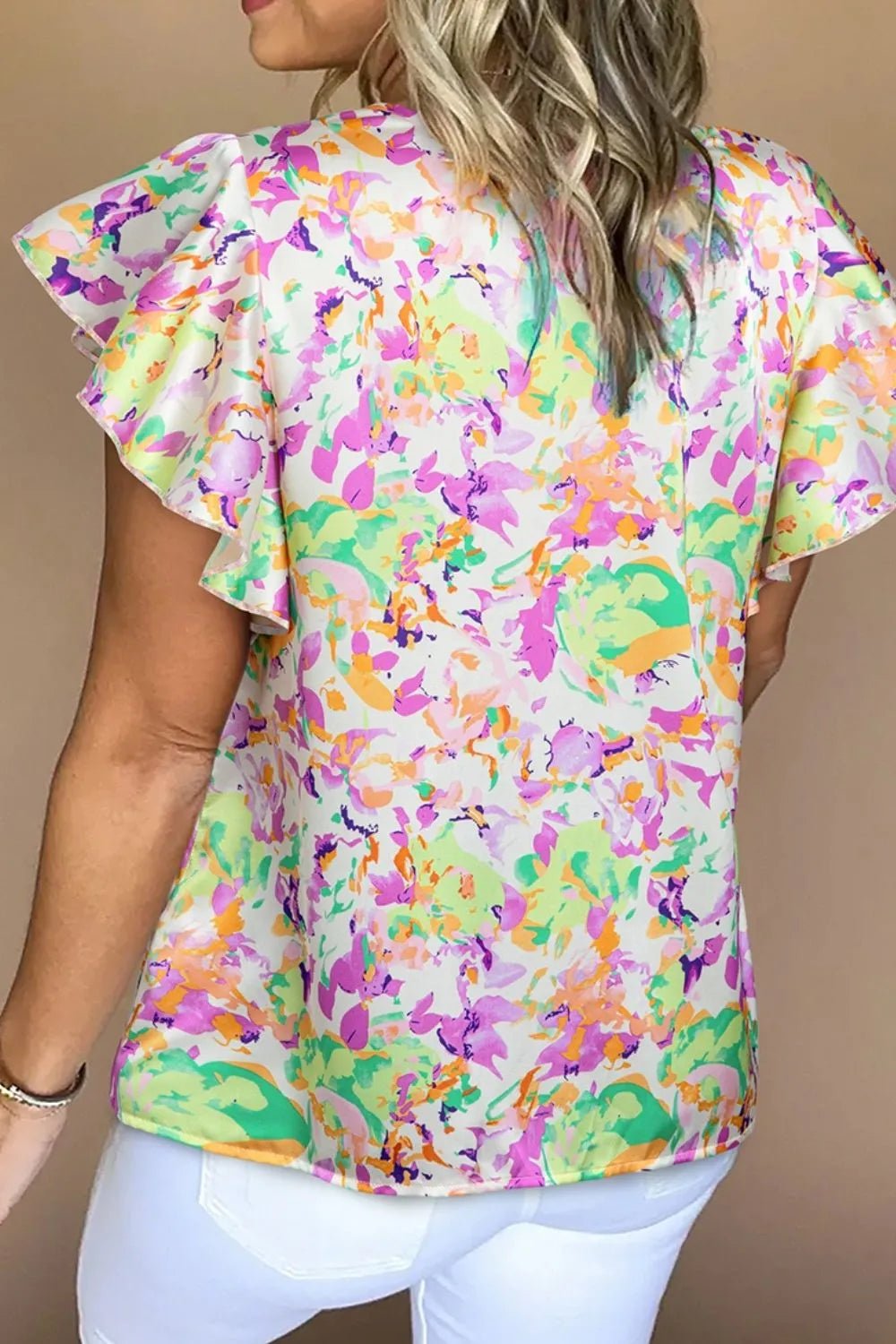 Abstract Printed Ruffled Short Sleeve Notched Neck Blouse – Floral for Shopify Collective (3 view)