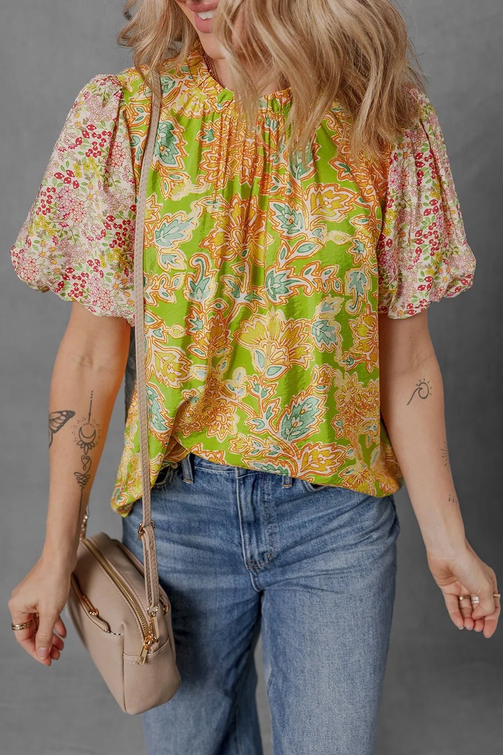 Multicolour Printed Contrast Bubble Sleeve Patchwork Blouse – Floral Top for Shopify Collective (2 view)