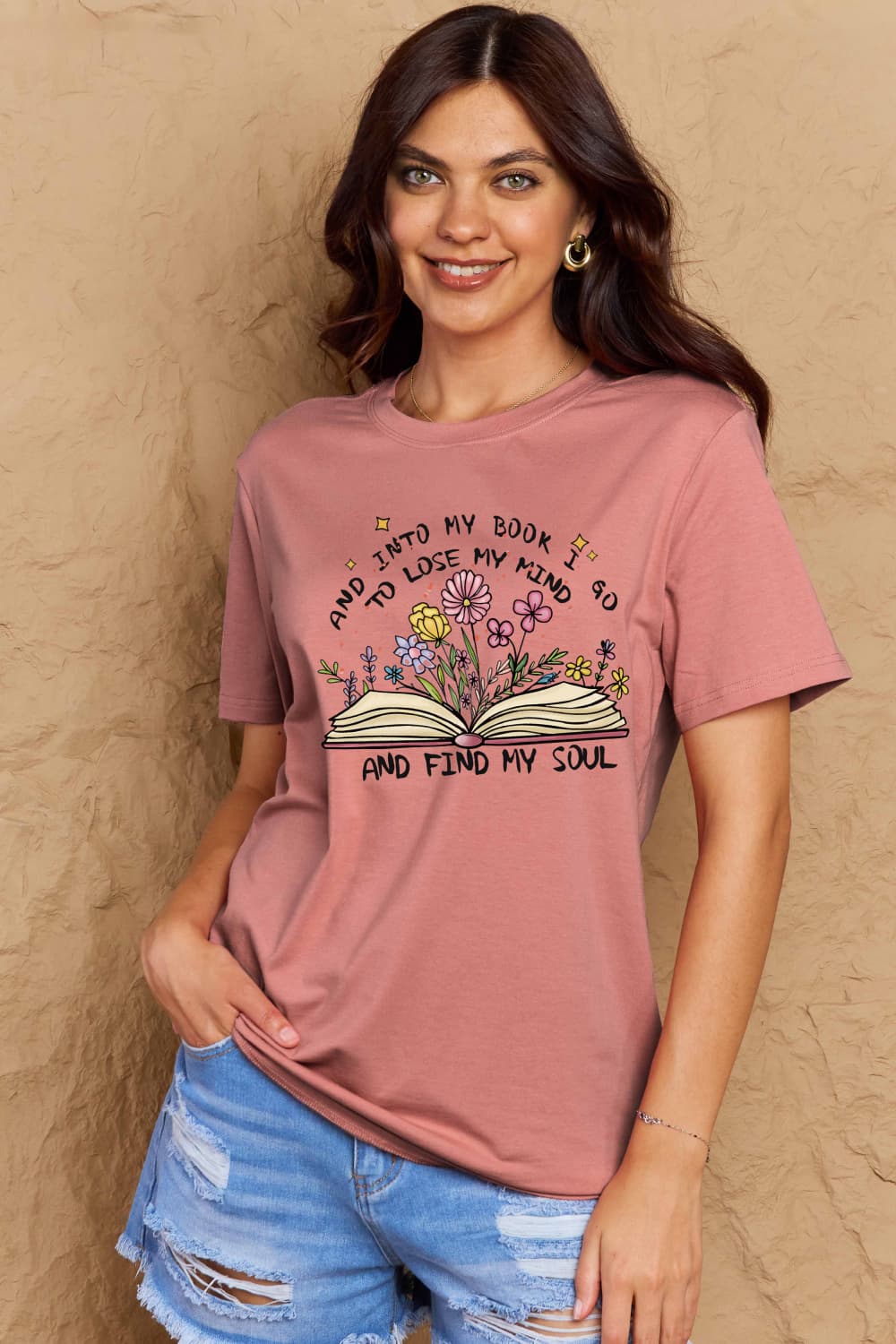 Simply Love Full Size Book & Flower Graphic Cotton Tee – Dusty Pink by Simply Love