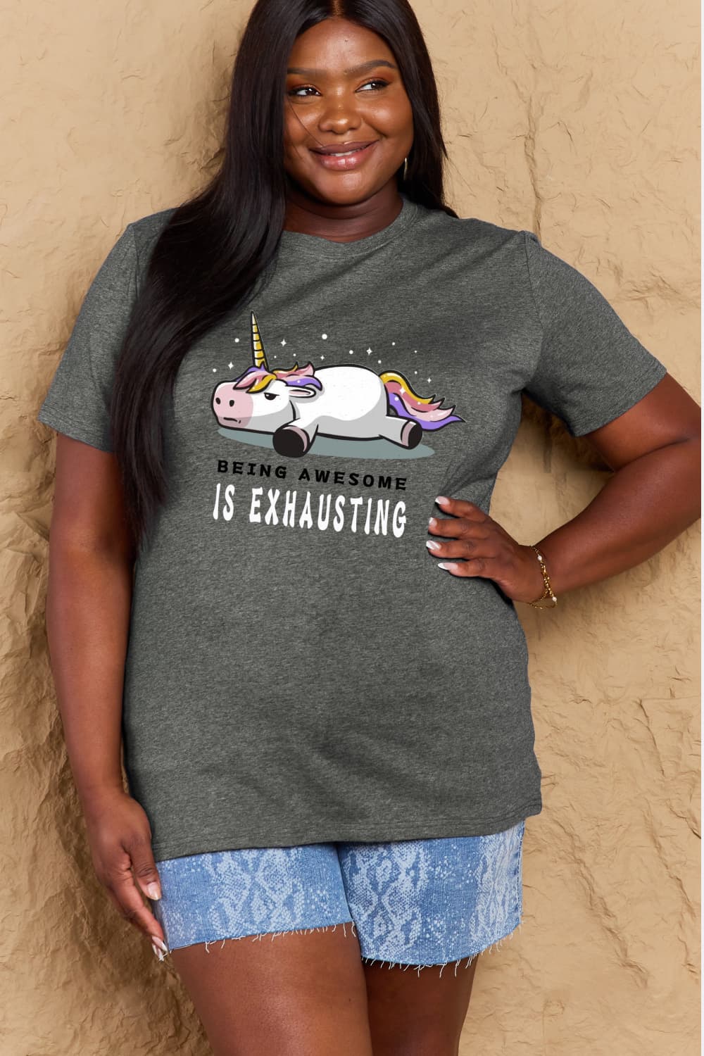 Simply Love Full Size BEING AWESOME IS EXHAUSTING Graphic Cotton Tee – Charcoal Women's Top for Shopify Collective (17 view)