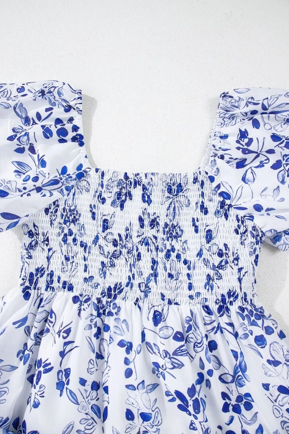 Smocked Printed Square Neck Puff Sleeve Dress – Royal Blue by Simply Love