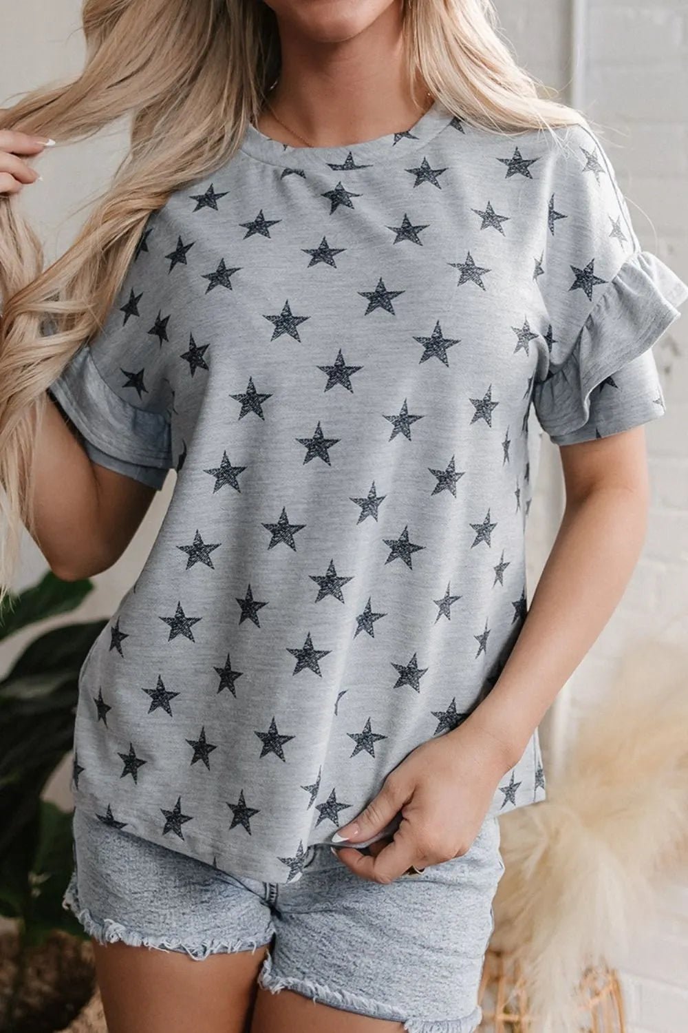 Star Print Tiered Ruffled Sleeve Crew Neck T Shirt – Gray by Simply Love