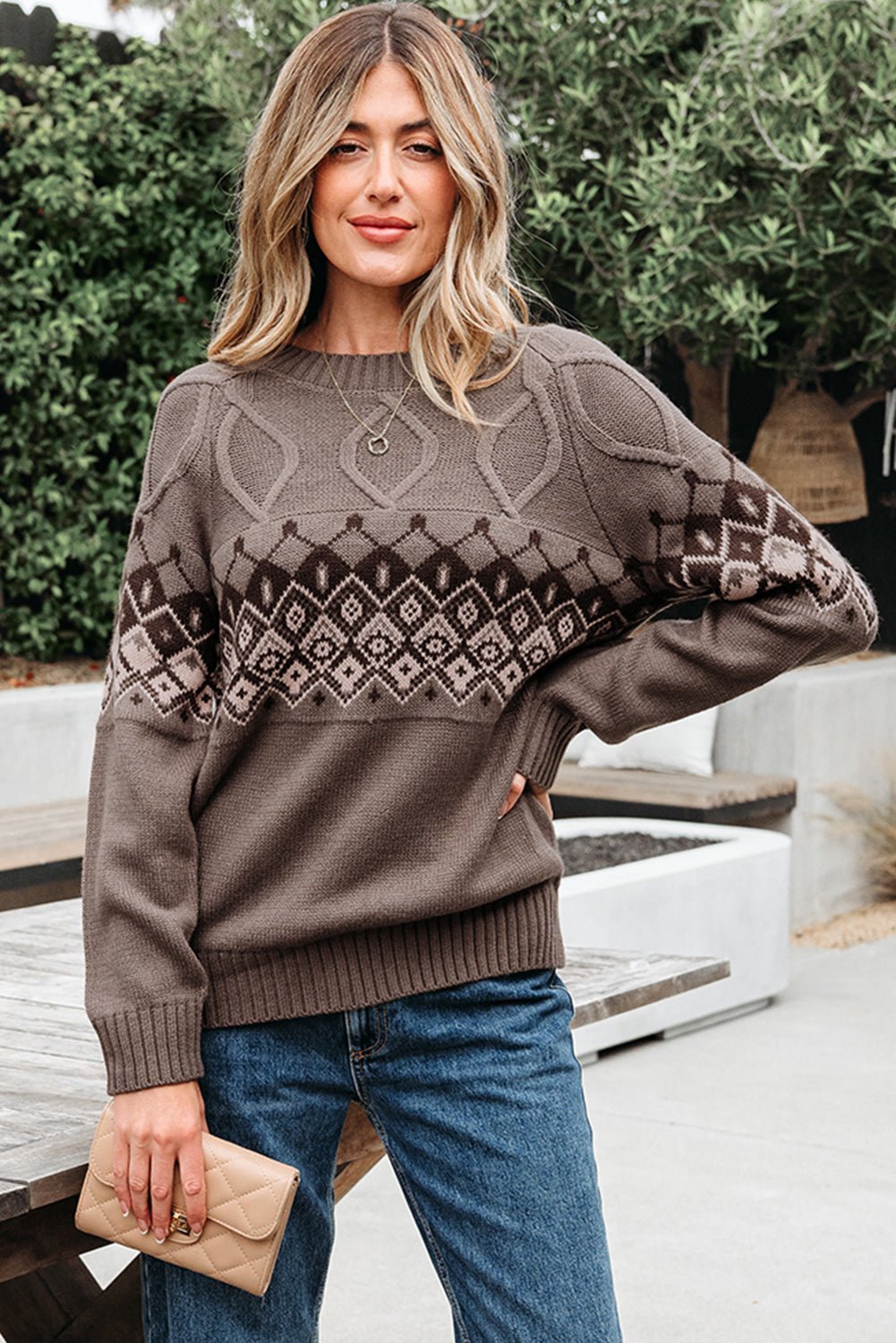 Alana Western Geometric Patterned Crew Neck Knitted Sweater – Light French Beige Sweaters & Cardigans/Sweaters for Shopify Collective (1 view)