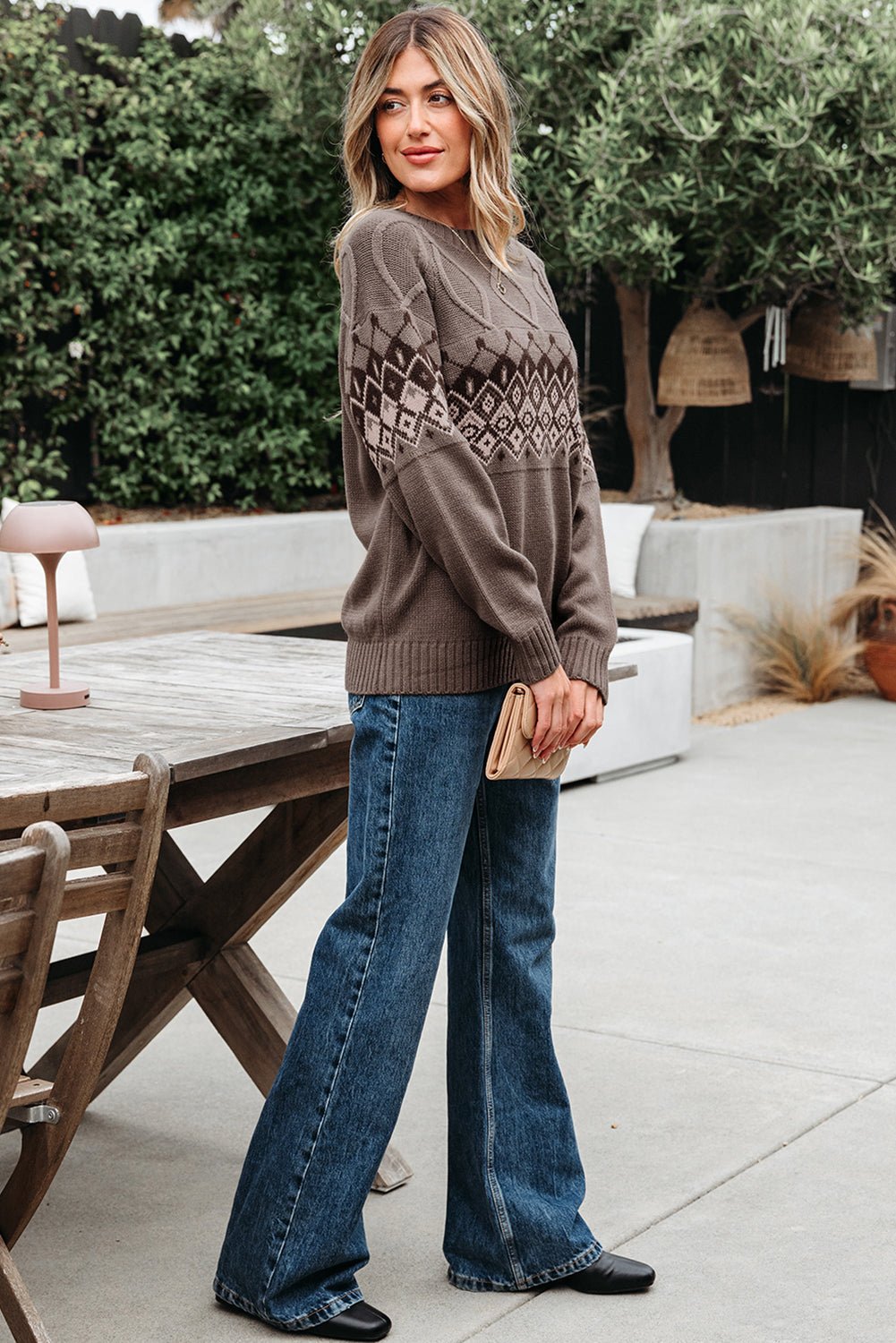 Alana Western Geometric Patterned Crew Neck Knitted Sweater – Light French Beige Sweaters & Cardigans/Sweaters for Shopify Collective (4 view)