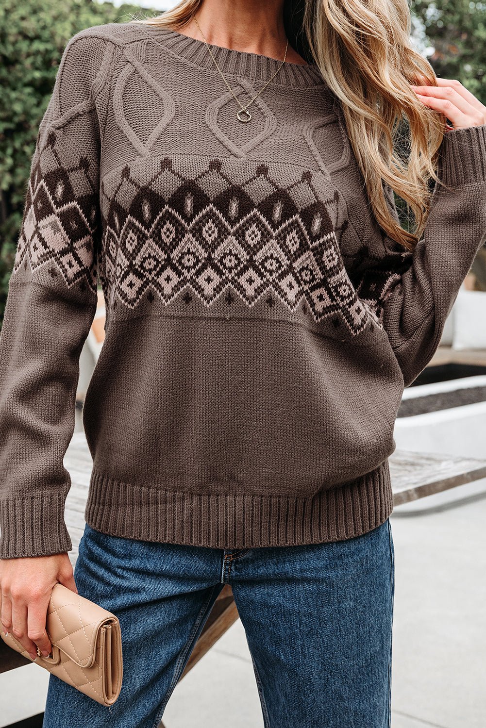 Alana Western Geometric Patterned Crew Neck Knitted Sweater – Light French Beige Sweaters & Cardigans/Sweaters for Shopify Collective (6 view)
