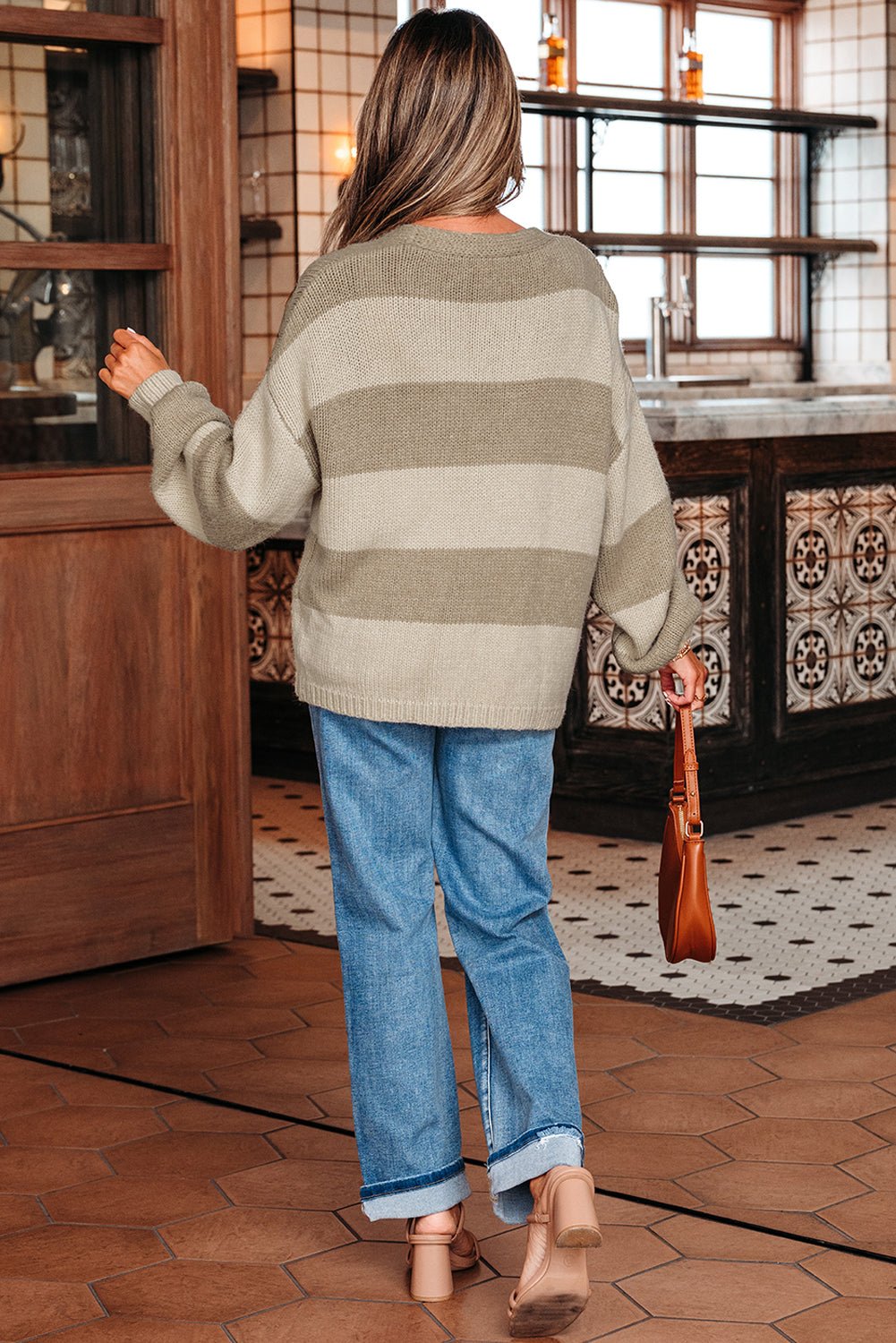 Amara Striped Knit Bow Tie Front Sweater Cardigan – Khaki Sweaters & Cardigans/Cardigans for Shopify Collective (2 view)