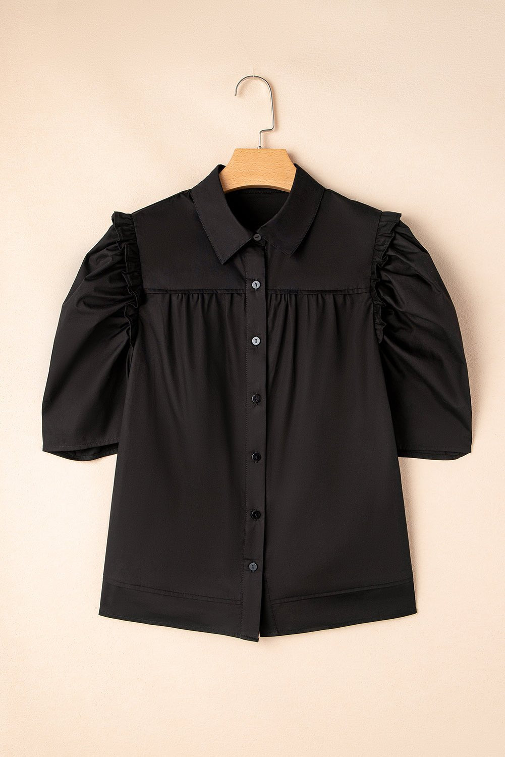 Analeia Frilly Puff Sleeve Stylish Collared Shirt – Black Tops/Blouses & Shirts for Shopify Collective (3 view)
