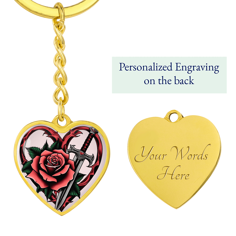 Rose & Dagger Heart Key Chain – Fierce Love Symbol | Gothic – Graphic Heart Keychain (Gold) Accessories by ShineOn Fulfillment