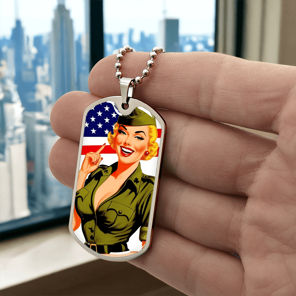 Patriotic Pin Up Dog Tag Necklace – Retro Military Tribute – Military Chain (Gold) Jewelry for A1014T (8 view)