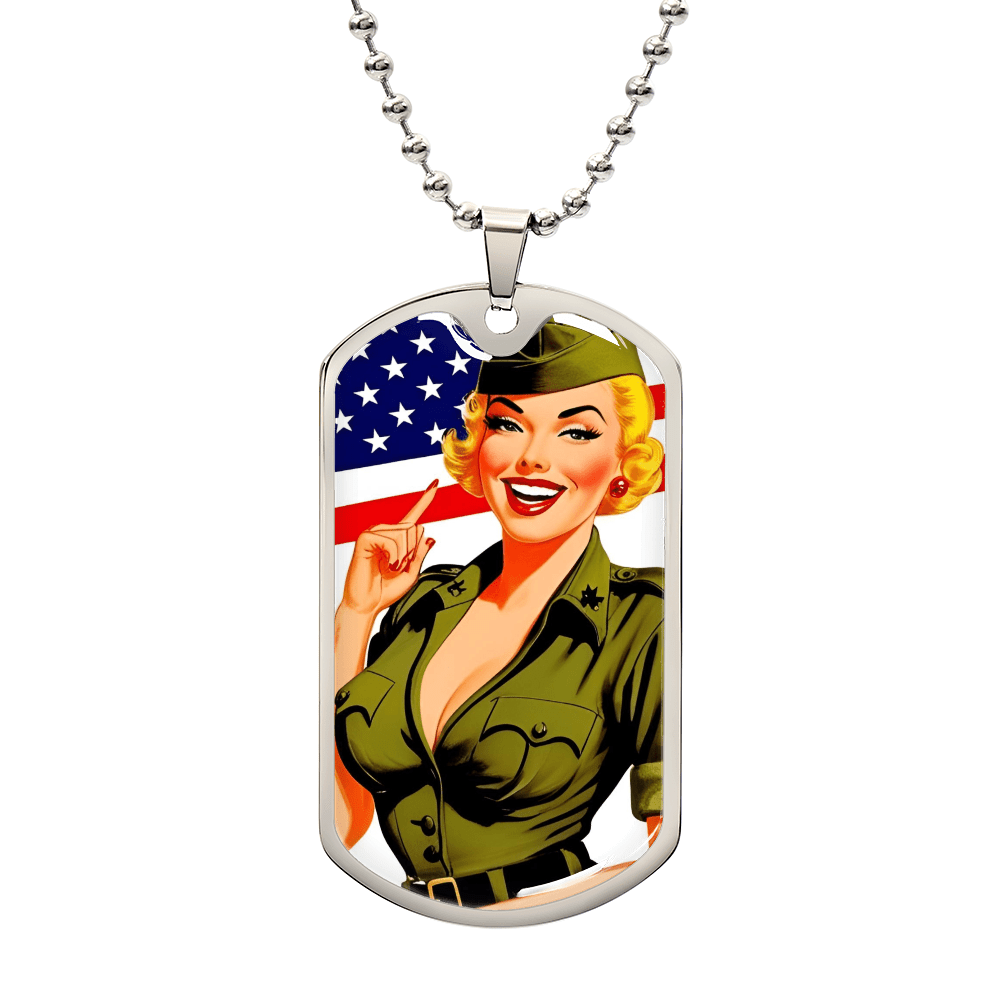 Patriotic Pin Up Dog Tag Necklace – Retro Military Tribute – Military Chain (Silver) Jewelry for A1014T (1 view)