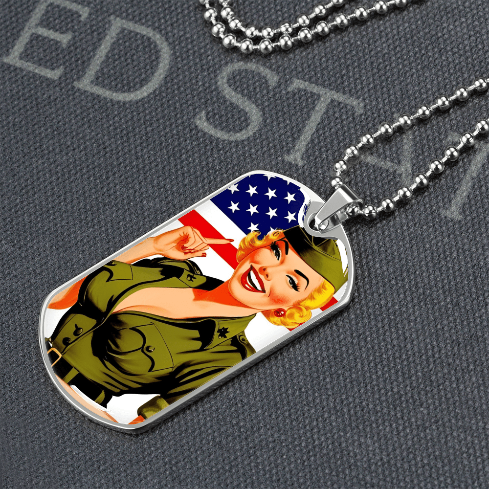 Patriotic Pin Up Dog Tag Necklace – Retro Military Tribute – Military Chain (Gold) Jewelry for A1014T (9 view)