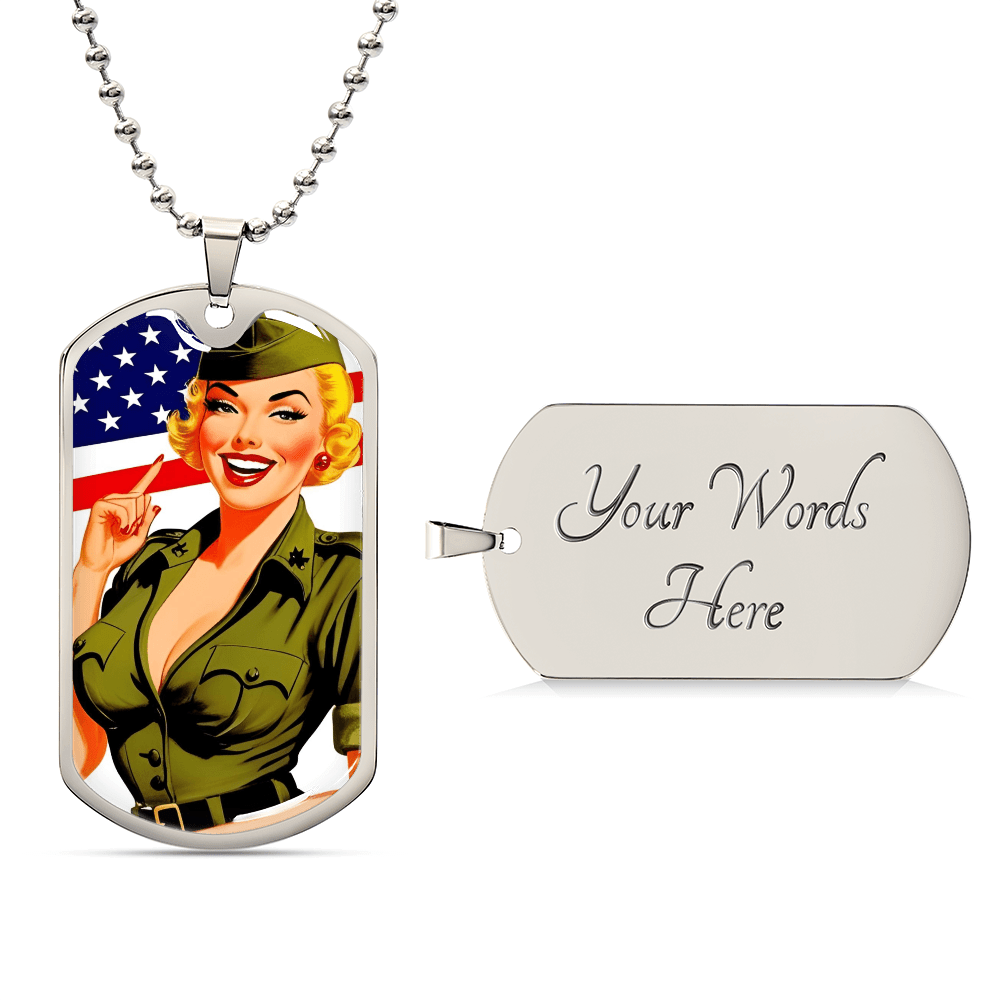 Patriotic Pin Up Dog Tag Necklace – Retro Military Tribute – Military Chain (Silver) Jewelry for A1014T (2 view)