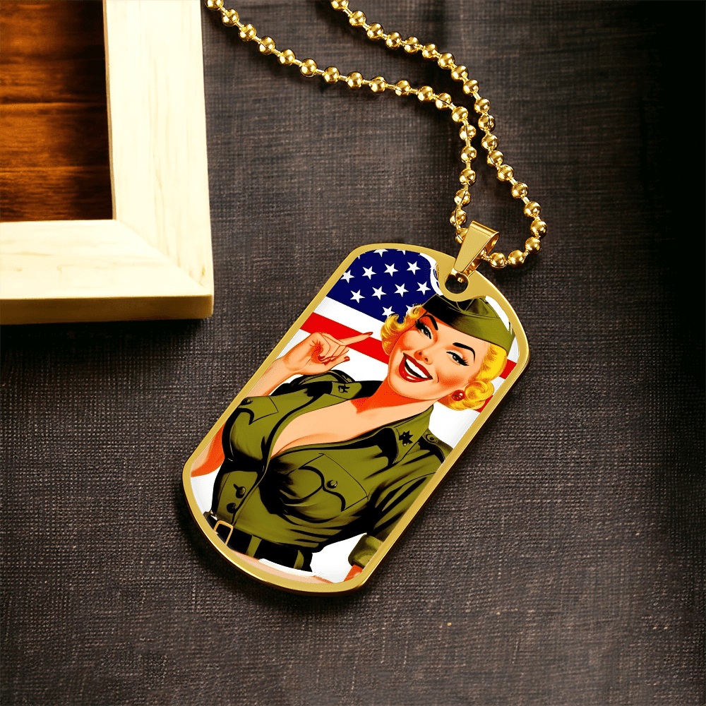 Patriotic Pin Up Dog Tag Necklace – Retro Military Tribute – Military Chain (Gold) Jewelry for A1014T (12 view)