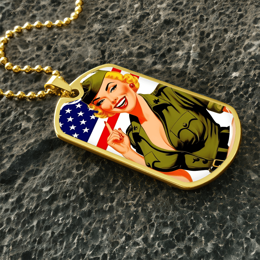 Patriotic Pin Up Dog Tag Necklace – Retro Military Tribute – Military Chain (Gold) Jewelry for A1014T (13 view)