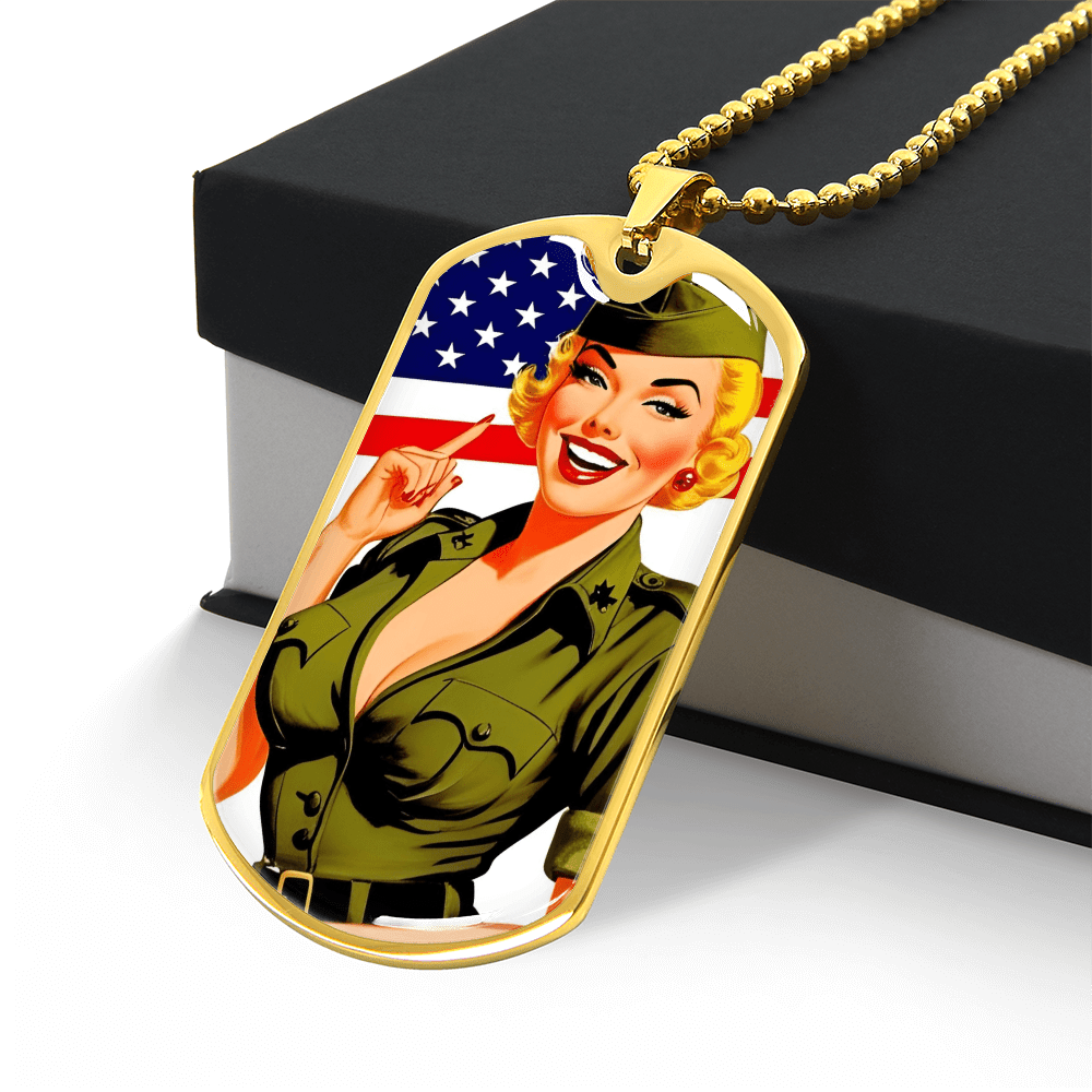 Patriotic Pin Up Dog Tag Necklace – Retro Military Tribute – Military Chain (Gold) Jewelry for A1014T (15 view)