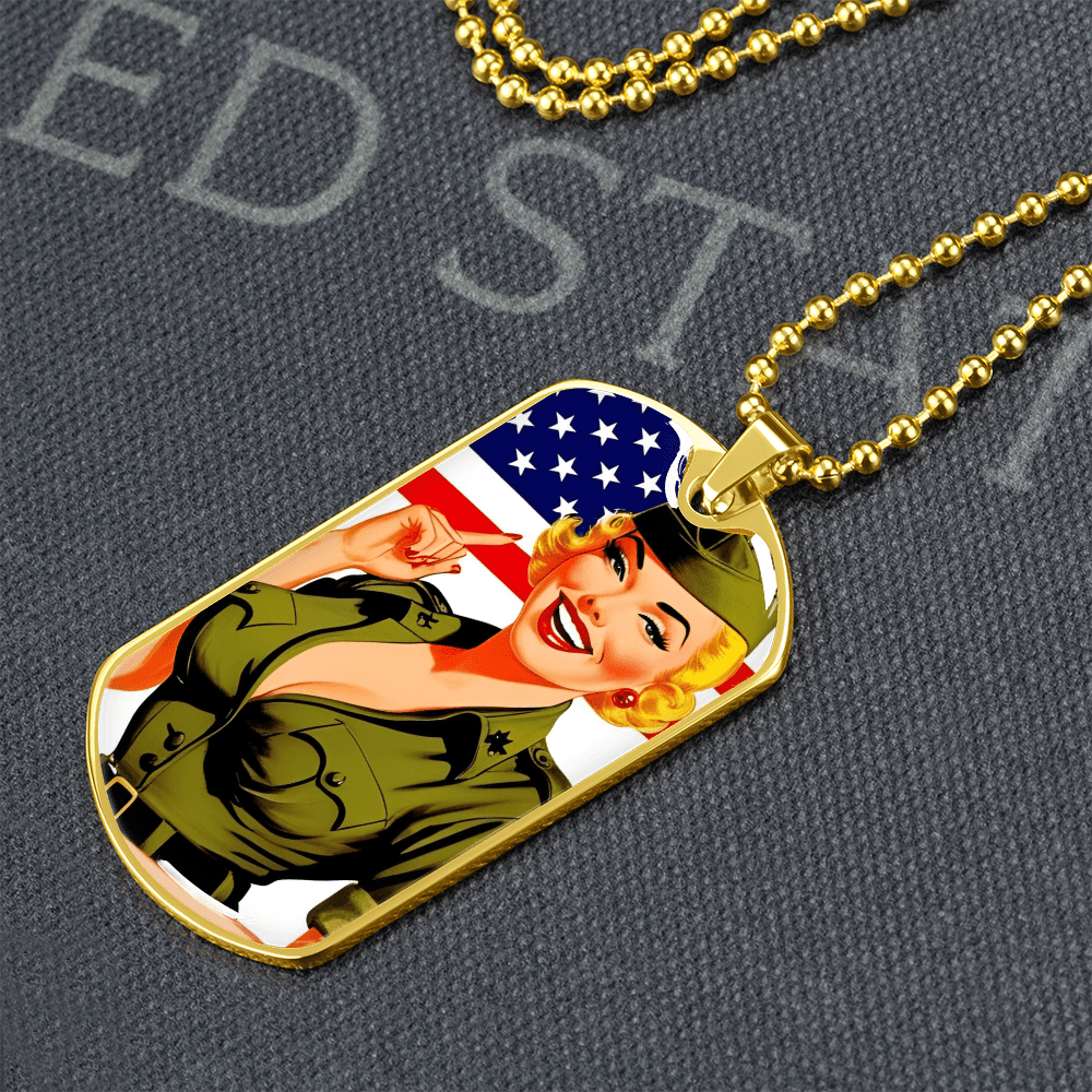 Patriotic Pin Up Dog Tag Necklace – Retro Military Tribute – Military Chain (Gold) Jewelry for A1014T (14 view)