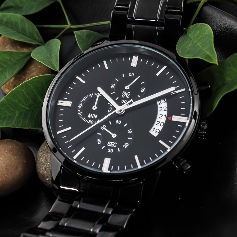Custom Engraved Black Chronograph Watch | Father's Day, – Luxury Box w/LED Jewelry for E131T (10 view)