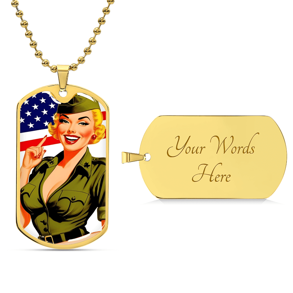 Patriotic Pin Up Dog Tag Necklace – Retro Military Tribute – Military Chain (Gold) Jewelry for A1014T (6 view)