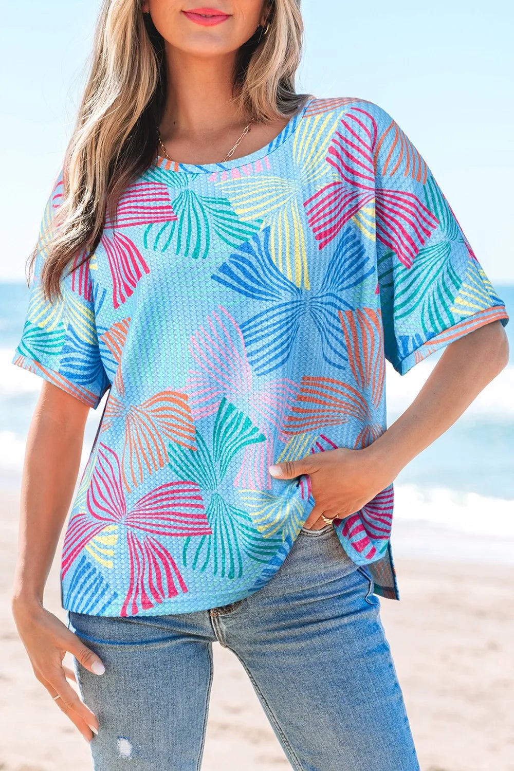 Printed Round Neck Half Sleeve Top – Pastel Blue for Shopify Collective (4 view)