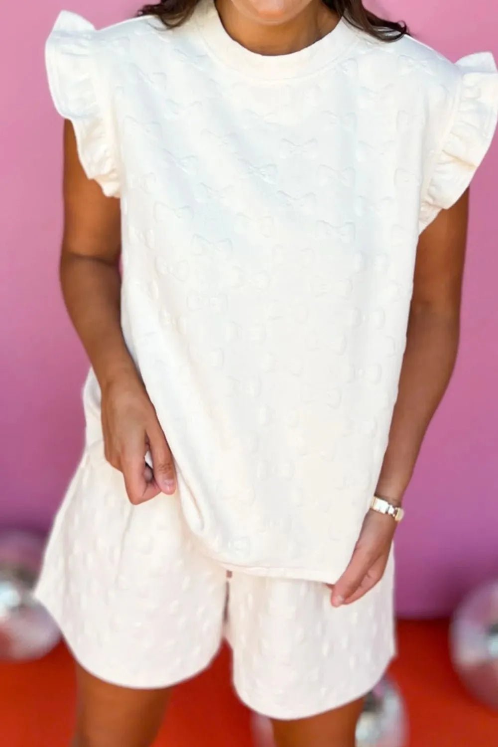 Bow Texture Round Neck Top and Shorts Set – White by Simply Love
