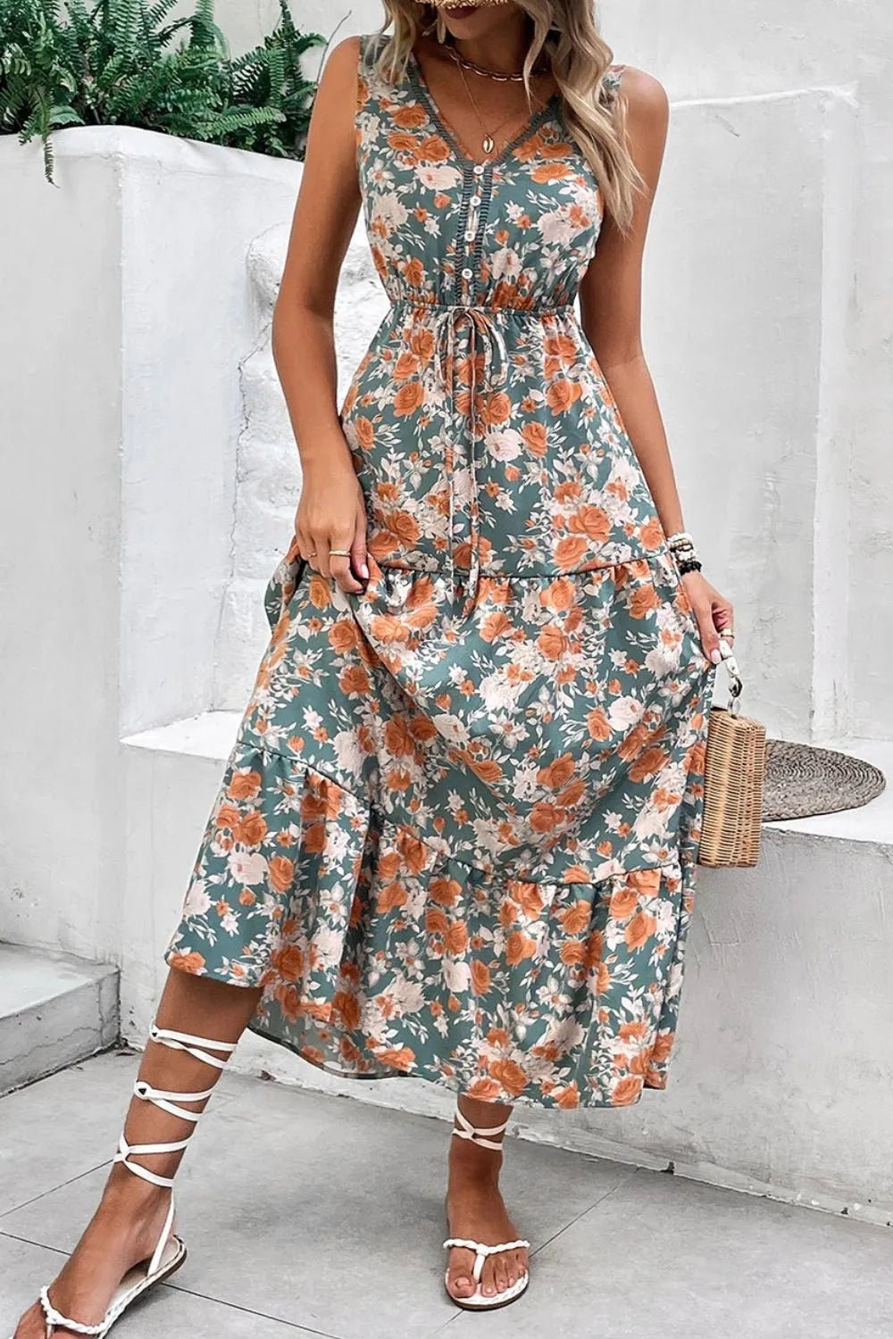 Floral Print Trimmed V Neck Tie Waist Sleeveless Dress – Floral for Shopify Collective (5 view)