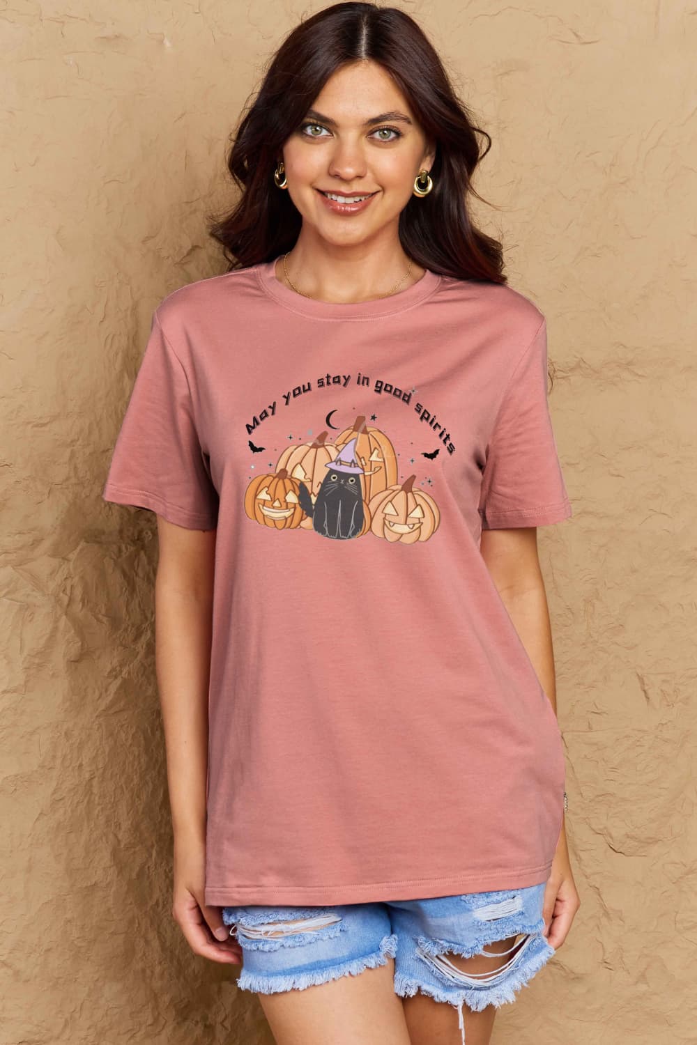 Simply Love Full Size MAY YOU STAY IN GOOD SPIRITS Graphic Cotton T-Shirt – Dusty Pink Women's Top for Shopify Collective (23 view)