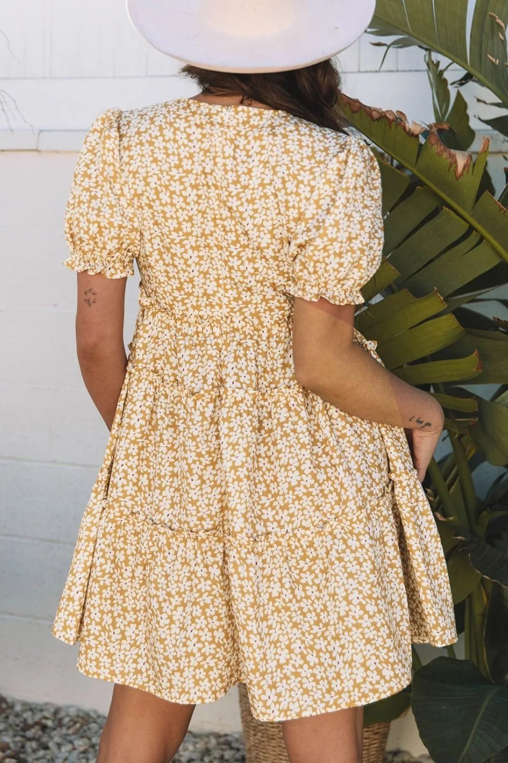 Floral Short Sleeve Surplice Frilly Tiered Mini Dress – Pastel Yellow for Shopify Collective (3 view)