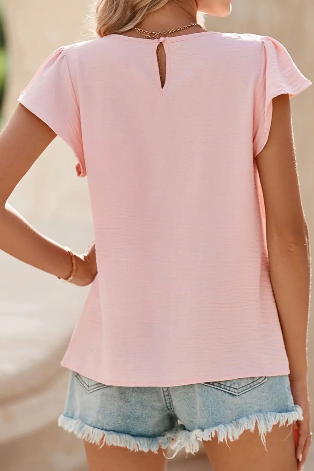 Solid Color Flounce Sleeve Pleated Round Neck Blouse – Blush Pink by Simply Love