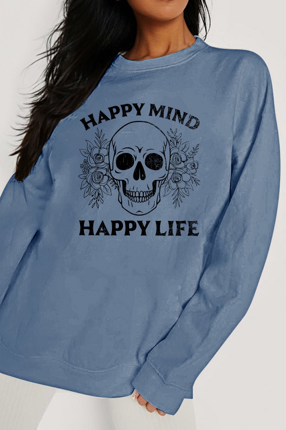 Simply Love Full Size HAPPY MIND HAPPY LIFE SKULL Graphic Sweatshirt – Dusty Blue Sweatshirts for Shopify Collective (3 view)