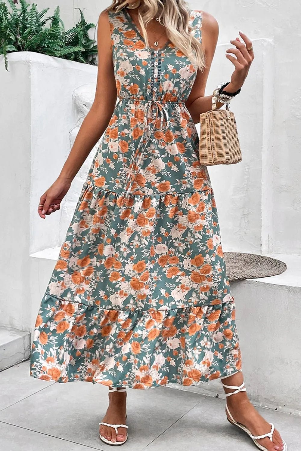 Floral Print Trimmed V Neck Tie Waist Sleeveless Dress – Floral for Shopify Collective (3 view)